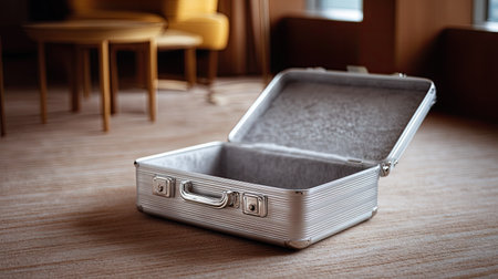 Empty silver aluminum suitcase with zipper open on a luxurious hotel room floor, representing elegance and travelの素材