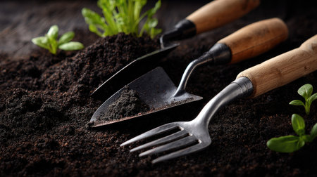 Close-up of gardening tools, including a spade and fork, on top of nutrient-rich soil, highlighting the texture of the dark earthの素材