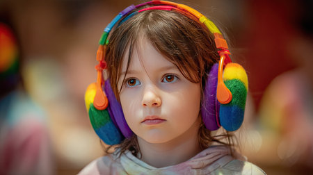 Child wearing colorful earmuffs at a loud event, focusing on hearing protection for kidsの素材
