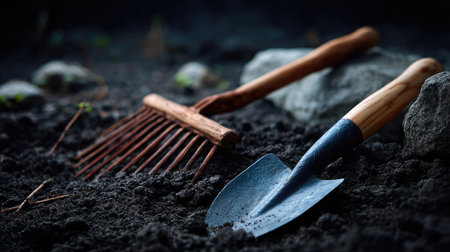 Gardening tools such as a hoe and rake resting on dark, crumbly soil, showing the texture of well-prepared earth for gardening workの素材
