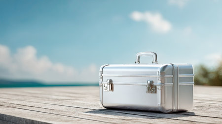 Empty silver aluminum suitcase closed and placed on a travel-themed background, symbolizing the beginning of a journeyの素材