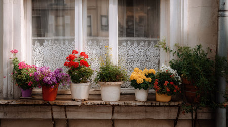 Narrow balcony with flower pots in various colors in front of a window with lace curtains, romantic vintage aestheticの素材