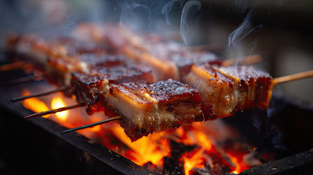 Juicy pork belly grilling on a skewer over open flames, caramelized edges and smoke trailsの素材