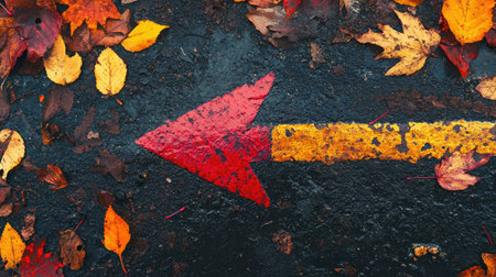 Country road with a single directional arrow painted on the surface amid autumn foliageの素材