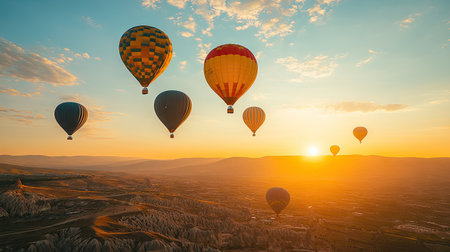 Colorful balloons drifting upward into a warm golden hour sky with soft sunlightの素材