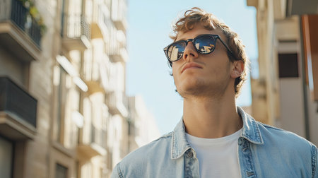 Cool young man in trendy sunglasses and casual outfit walking through city streets on a sunny dayの素材