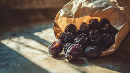 Crinkled paper bag tipped over with prunes spilling out and catching the sunlightの素材