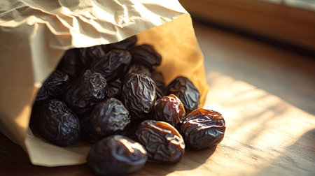 Crinkled paper bag tipped over with prunes spilling out and catching the sunlightの素材