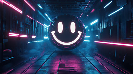 Digital smiley face graphic surrounded by glowing neon lights on a dark futuristic backgroundの素材