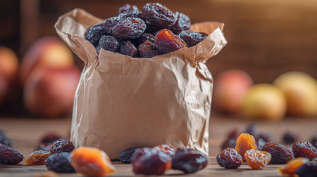 Eco-friendly paper bag bursting with plump prunes, surrounded by scattered dried fruitの素材
