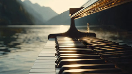 Elegant piano keyboard close-up with shallow depth of field focusing on middle octave keysの素材