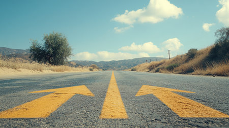 Empty asphalt road with large arrow symbols guiding traffic flow on a sunny dayの素材