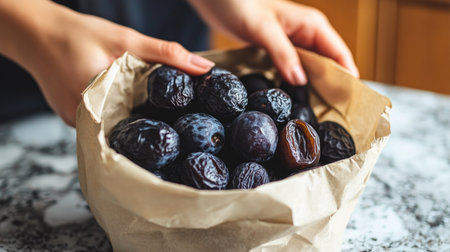 Hand reaching into a paper bag full of fresh, soft prunes on a cozy countertopの素材