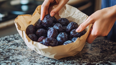 Hand reaching into a paper bag full of fresh, soft prunes on a cozy countertopの素材