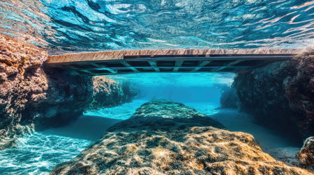 Floating bridge over transparent sea water showing sandy seabed and marine life belowの素材