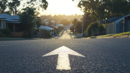 Empty suburban road with a large white forward arrow painted clearly on the surfaceの素材