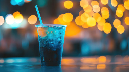 Italian soda with deep blue and teal tones in a plastic cup placed on a bar top with blurred lights behindの素材