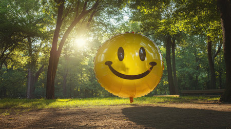 Large smiley face balloon in a bright park setting with lush trees and sunlightの素材