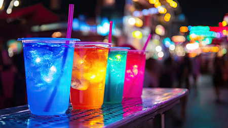 Italian sodas in plastic cups with bright neon colors under colorful lights at a night marketの素材