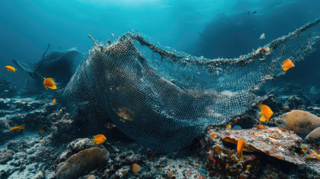 Ghost net draped over a damaged coral bed with small fish weaving through the meshの素材