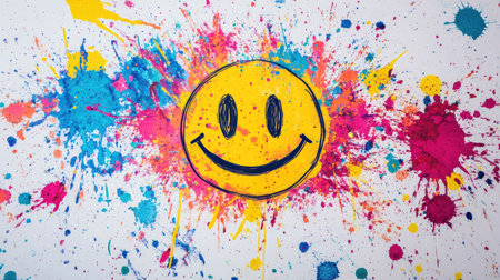 Hand-drawn smiley face on a white paper with colorful abstract paint splashes as backgroundの素材