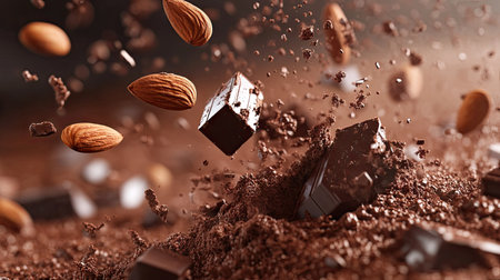 High-contrast splash of cocoa powder with flying almonds and chunks of chocolate in focusの素材