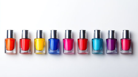 Group of assorted bright nail polish bottles with different shades from reds to blues against a clean white backdropの素材