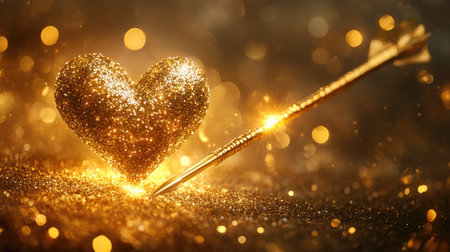 Heart-shaped Cupid arrow ready to be released from a golden bow with sparkling effectsの素材