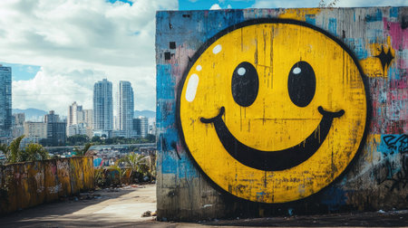 Large happy smiley face painted on a graffiti wall with an urban cityscape in the backgroundの素材