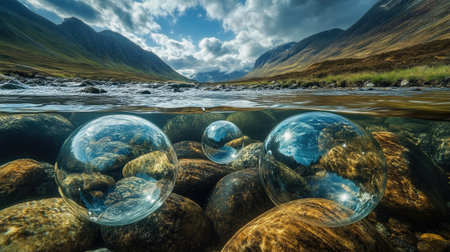Large clear bubbles emerging from underwater rocks in a mountain streamの素材