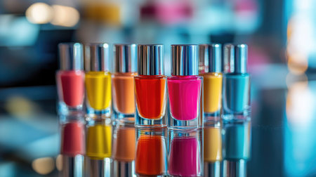Group of eye-catching nail polish bottles in bold colors placed on a mirrored surface with reflectionsの素材