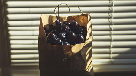 Paper bag of prunes with shadows from window blinds creating a cozy atmosphereの素材