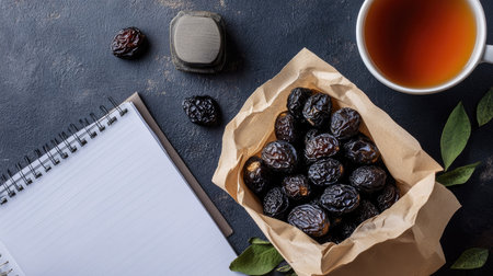 Natural snack scene with prunes in a brown paper bag next to a cup of tea and a notepadの素材