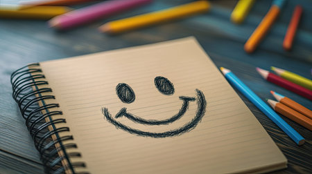 Smiley face doodle on a notebook page with scattered pencils and artistic backgroundの素材