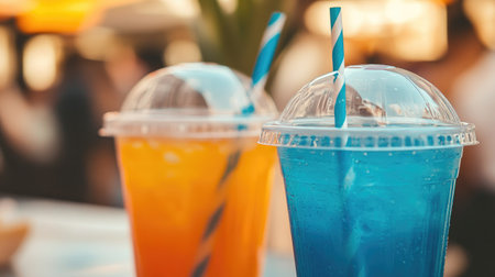 Orange and blue Italian sodas in plastic cups with dome lids and striped straws at an outdoor food marketの素材
