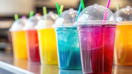 Row of colorful Italian sodas in plastic cups with dome lids and straws on a counter, each a different fruity shadeの素材