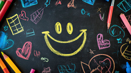 Smiley face drawn on a chalkboard with colorful doodles and vibrant school-themed backgroundの素材