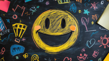 Smiley face drawn on a chalkboard with colorful doodles and vibrant school-themed backgroundの素材