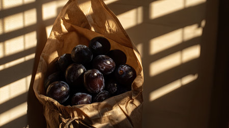 Paper bag of prunes with shadows from window blinds creating a cozy atmosphereの素材