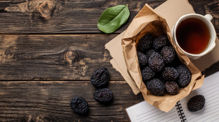 Natural snack scene with prunes in a brown paper bag next to a cup of tea and a notepadの素材