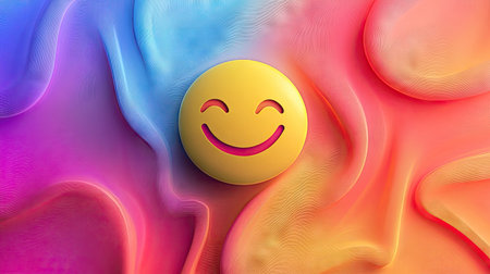 Smiley face icon surrounded by colorful abstract waves on a smooth gradient backgroundの素材