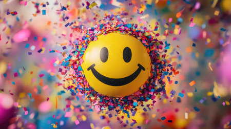 Smiley face emoji in the center of a colorful confetti explosion background celebrating happinessの素材