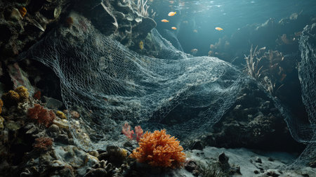 Worn-out fishing net ghosting over a reef, with dying coral and trapped sea creaturesの素材