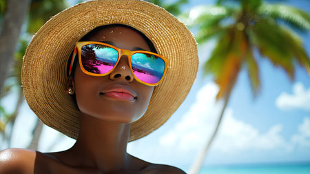 Young woman wearing colorful sunglasses and a summer hat enjoying sunshine on a tropical beachの素材