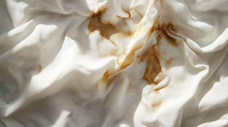 Artistic shot of coffee stains on a wrinkled white cloth, with soft sunlight highlighting textureの素材