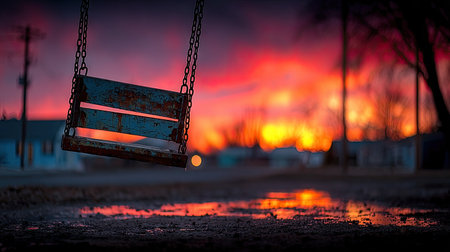 A playground swing set with chains silhouetted against a vibrant sunset sky, creating a dreamy moodの素材