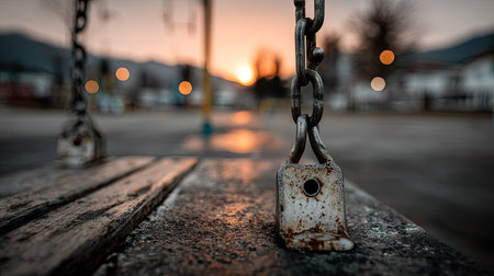 A single swing swaying slightly in the wind, chains creaking above a rubber mat surface on an empty playgroundの素材