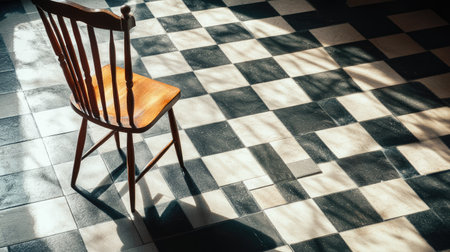 Black and white checkered floor tiles with a vintage wooden chair casting a shadowの素材