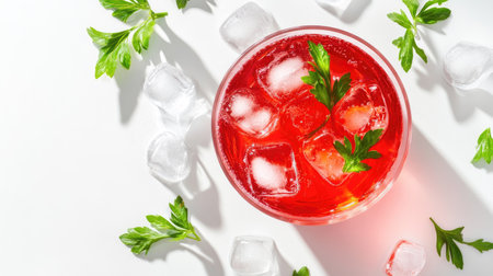 Bright red tomato juice in a highball glass with fresh parsley, ice cubes, and a clean white backgroundの素材