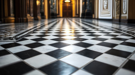 Black and white mosaic floor tiles in a historical building with ornate architectural detailsの素材